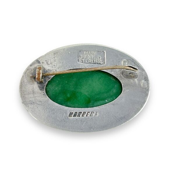 1940's Mexico Barrera Sterling Silver 925 Green Malachite Cabochon Pin Brooch - Picture 2 of 6